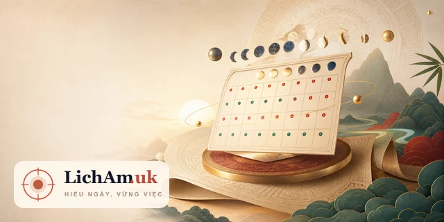 Minh họa lịch vạn niên với bảng tháng âm dương trên LichAm.uk